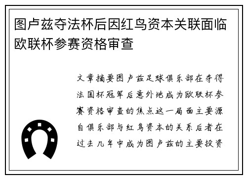 图卢兹夺法杯后因红鸟资本关联面临欧联杯参赛资格审查