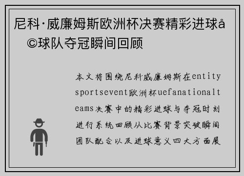 尼科·威廉姆斯欧洲杯决赛精彩进球助球队夺冠瞬间回顾