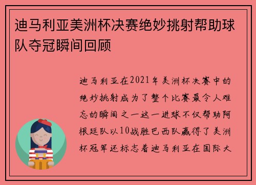 迪马利亚美洲杯决赛绝妙挑射帮助球队夺冠瞬间回顾